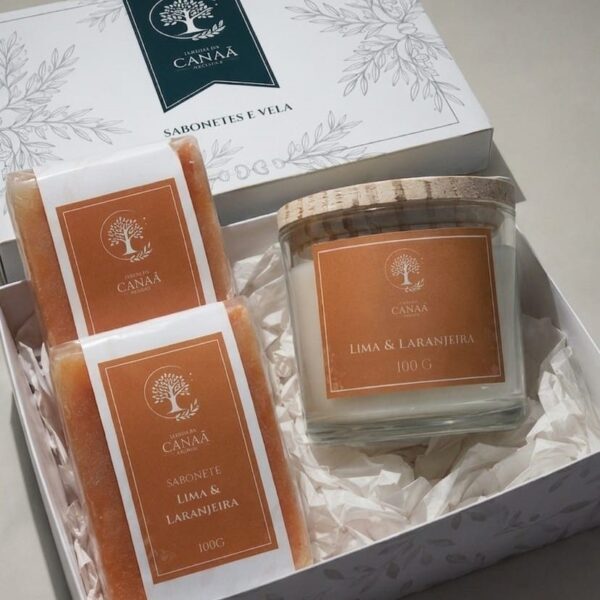 Kit laranja Kit Presente Lima & Laranjeira – Sabonetes e Vela Aromática